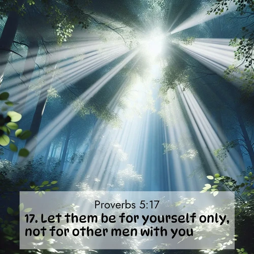 BBE Proverbs 5:17 overlaying nature image scene: Summer light filters through forest canopy like stained glass.;17. Let them be for yourself only, not for other men with you.