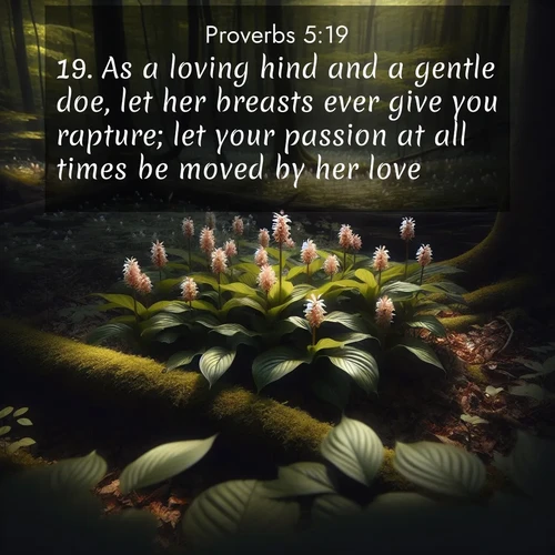 BBE Proverbs 5:19 overlaying nature image scene: Wild ginger blooms hidden in forest shadows. Filtered sunlight reveals their secret beauty.;19. As a loving hind and a gentle doe, let her breasts ever give you rapture; let your passion at all times be moved by her love.