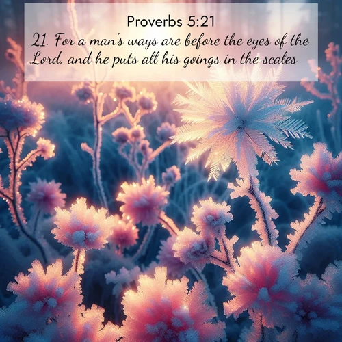 BBE Proverbs 5:21 overlaying nature image scene: Morning light reveals frost flowers. Rainbow crystals bloom on bare branches.;21. For a man's ways are before the eyes of the Lord, and he puts all his goings in the scales.