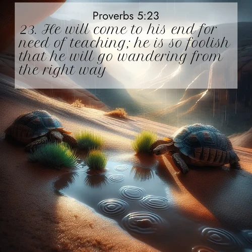 BBE Proverbs 5:23 overlaying nature image scene: Desert tortoises emerge after summer rains. Thunder echoes through hidden canyons.;23. He will come to his end for need of teaching; he is so foolish that he will go wandering from the right way.