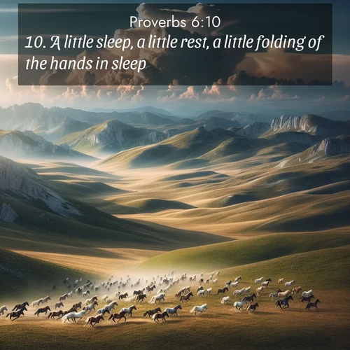 BBE Proverbs 6:10 overlaying nature image scene: Wild horses gallop across a high mountain plateau. Storm clouds gather ominously on the horizon.;10. A little sleep, a little rest, a little folding of the hands in sleep: