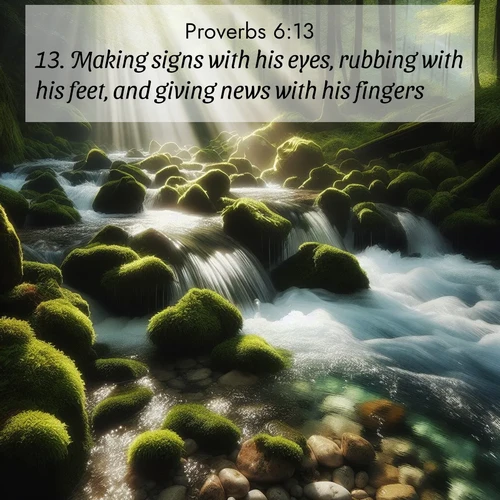 BBE Proverbs 6:13 overlaying nature image scene: A mountain stream tumbles through moss-covered stones. Sunlight dapples the crystal-clear water.;13. Making signs with his eyes, rubbing with his feet, and giving news with his fingers;