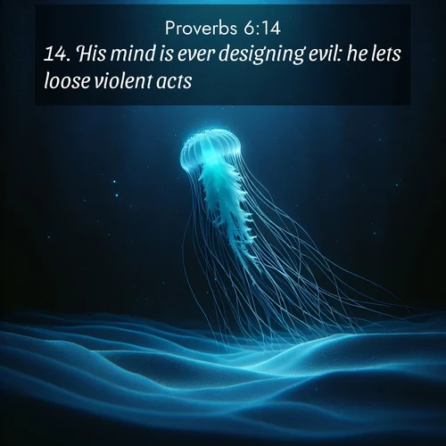 BBE Proverbs 6:14 overlaying nature image scene: A lone jellyfish pulses through midnight waters. Its bioluminescent tendrils paint trails of azure light in the depths.;14. His mind is ever designing evil: he lets loose violent acts.