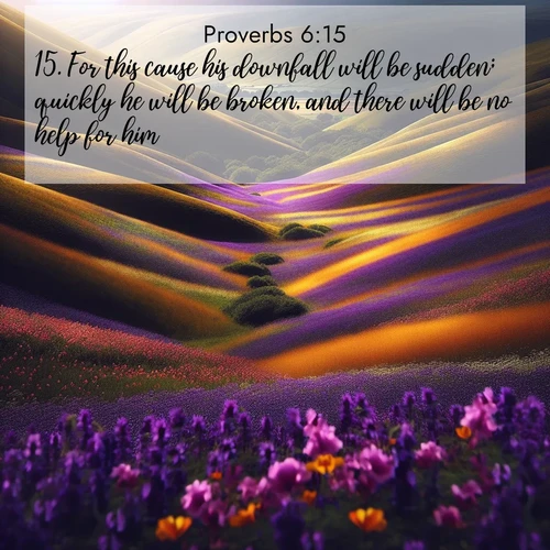 BBE Proverbs 6:15 overlaying nature image scene: Spring wildflowers carpet rolling hills in purple and gold.;15. For this cause his downfall will be sudden; quickly he will be broken, and there will be no help for him.