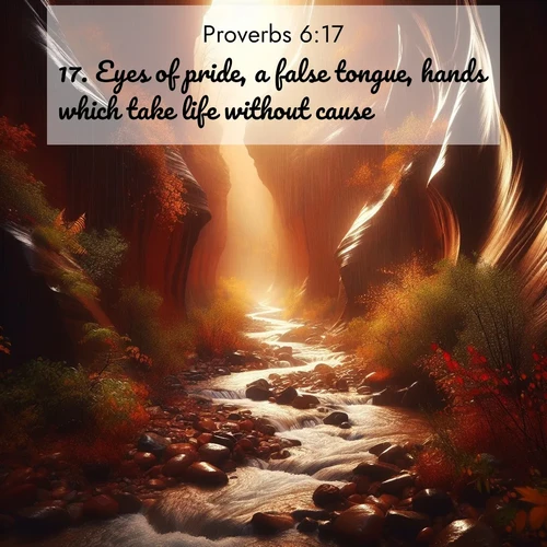 BBE Proverbs 6:17 overlaying nature image scene: Autumn rain creates temporary streams in slot canyons.;17. Eyes of pride, a false tongue, hands which take life without cause;