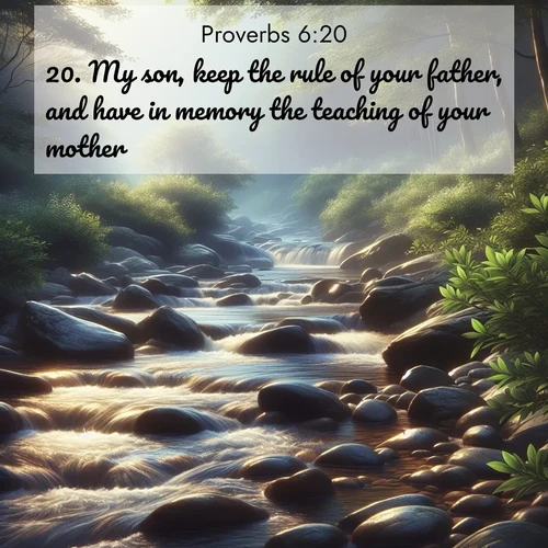 BBE Proverbs 6:20 overlaying nature image scene: A mountain stream tumbles over smooth rocks between banks of mountain laurel.;20. My son, keep the rule of your father, and have in memory the teaching of your mother: