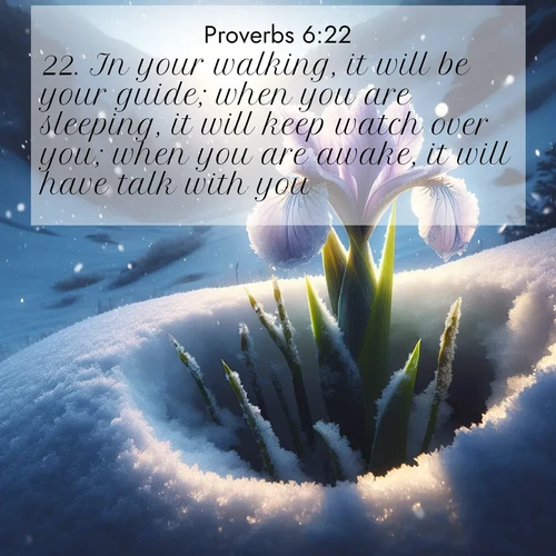 BBE Proverbs 6:22 overlaying nature image scene: Wild iris breaks through spring snow. Alpine light ignites petals.;22. In your walking, it will be your guide; when you are sleeping, it will keep watch over you; when you are awake, it will have talk with you.