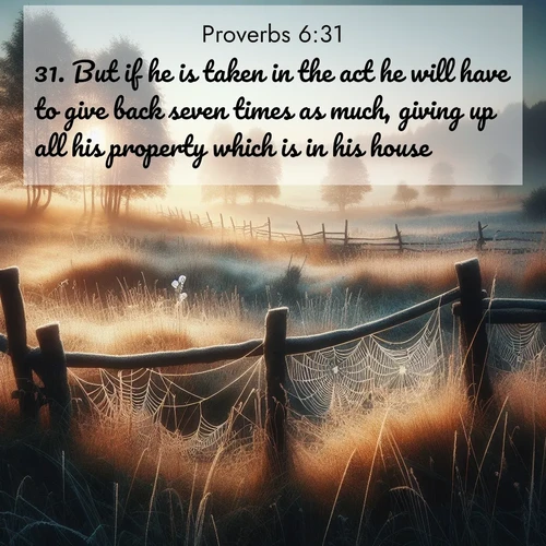 BBE Proverbs 6:31 overlaying nature image scene: Morning frost coats spider webs stretched between fence posts in a country meadow.;31. But if he is taken in the act he will have to give back seven times as much, giving up all his property which is in his house.