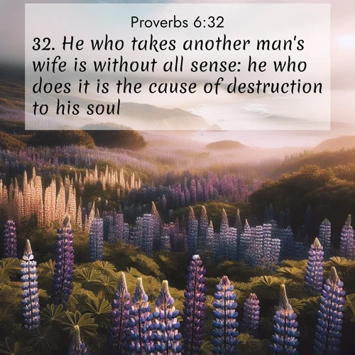 BBE Proverbs 6:32 overlaying nature image scene: Wild lupines carpet a coastal meadow. Ocean fog rolls in on silent feet.;32. He who takes another man's wife is without all sense: he who does it is the cause of destruction to his soul.