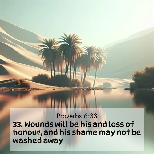 BBE Proverbs 6:33 overlaying nature image scene: A desert oasis shimmers in the midday heat, palm fronds rustling above still waters.;33. Wounds will be his and loss of honour, and his shame may not be washed away.