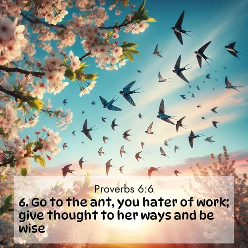 BBE Proverbs 6:6 overlaying nature image scene: Spring migration fills the sky with countless swallows.;6. Go to the ant, you hater of work; give thought to her ways and be wise: