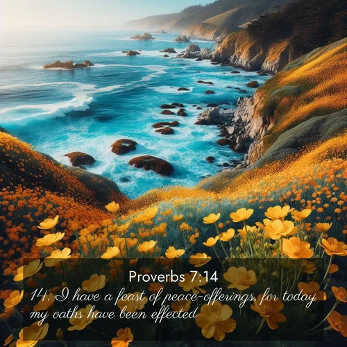 BBE Proverbs 7:14 overlaying nature image scene: Wild mustard flowers carpet coastal cliffs. Pacific waves provide endless percussion below.;14. I have a feast of peace-offerings, for today my oaths have been effected.