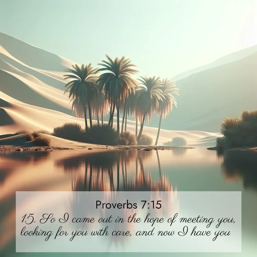 BBE Proverbs 7:15 overlaying nature image scene: A desert oasis shimmers in the midday heat, palm fronds rustling above still waters.;15. So I came out in the hope of meeting you, looking for you with care, and now I have you.