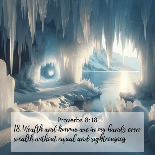 BBE Proverbs 8:18 overlaying nature image scene: Winter ice forms crystal caves along lake cliffs.;18. Wealth and honour are in my hands, even wealth without equal and righteousness.