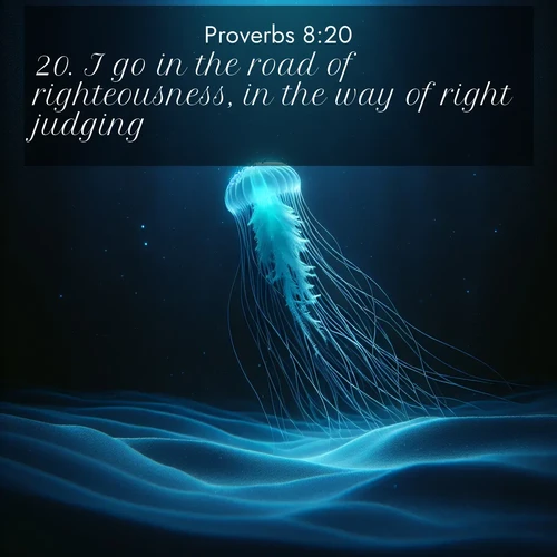 BBE Proverbs 8:20 overlaying nature image scene: A lone jellyfish pulses through midnight waters. Its bioluminescent tendrils paint trails of azure light in the depths.;20. I go in the road of righteousness, in the way of right judging: