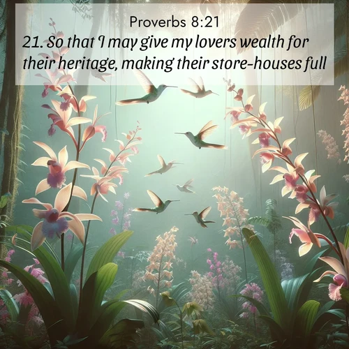 BBE Proverbs 8:21 overlaying nature image scene: Wild orchids bloom in rainforest canopy. Hummingbirds dance between delicate petals.;21. So that I may give my lovers wealth for their heritage, making their store-houses full.