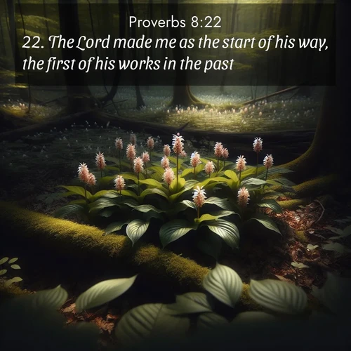 BBE Proverbs 8:22 overlaying nature image scene: Wild ginger blooms hidden in forest shadows. Filtered sunlight reveals their secret beauty.;22. The Lord made me as the start of his way, the first of his works in the past.