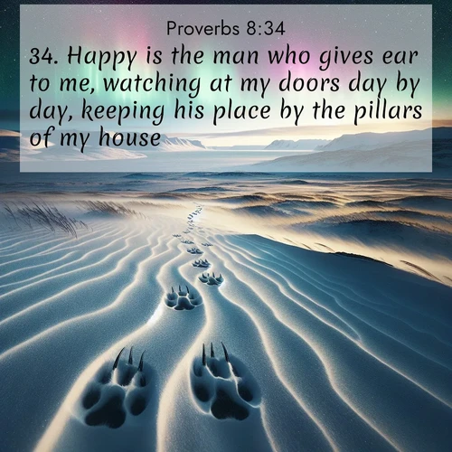 BBE Proverbs 8:34 overlaying nature image scene: Arctic fox tracks cross windswept tundra. Northern lights pulse overhead in cosmic rhythm.;34. Happy is the man who gives ear to me, watching at my doors day by day, keeping his place by the pillars of my house.