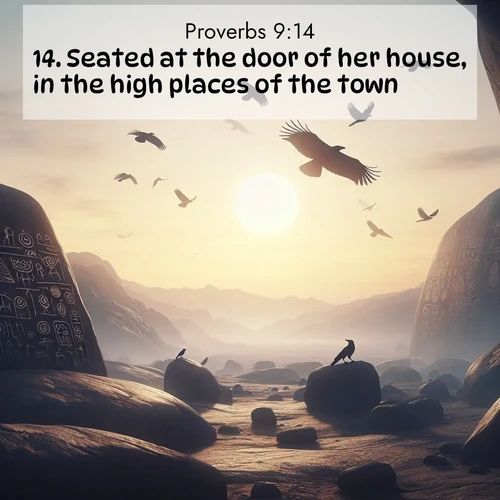 BasicEnglish Proverbs  ; image nature: image with the bible verse :Seated at the door of her house, in the high places of the town, ; Admire our free collection of Bible verse images with beautiful landscapes like sunlit forests, rippling waters, and radiant dawns. Each verse, such as KJV Proverbs 9:14, is ready to download and share. Current verse is overlayed with the thematic nature scene : Desert petroglyphs tell ancient stories. Ravens soar past wearing shadows for wings. ; 9:14