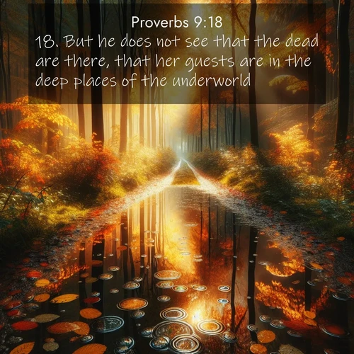 BasicEnglish Proverbs  ; image nature: image with the bible verse :But he does not see that the dead are there, that her guests are in the deep places of the underworld. ; Browse a vast collection of Bible verse images featuring awe-inspiring landscapes such as calm lakes, vibrant sunsets, and peaceful fields. Download them for free and enjoy verses like KJV Proverbs 9:18. Current verse is overlayed with the thematic nature scene : Autumn colors reflect in rain puddles on a forest path. ; 9:18