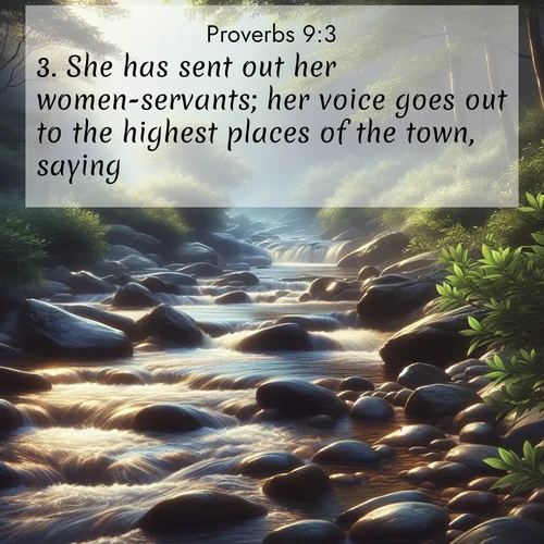 BasicEnglish Proverbs  ; image nature: image with the bible verse :She has sent out her women-servants; her voice goes out to the highest places of the town, saying, ; Admire stunning Bible verse images paired with photos of peaceful landscapes, such as foggy mornings, serene rivers, and blooming gardens. Download these free images and share verses like KJV Proverbs 9:3. Current verse is overlayed with the thematic nature scene : A mountain stream tumbles over smooth rocks between banks of mountain laurel. ; 9:3
