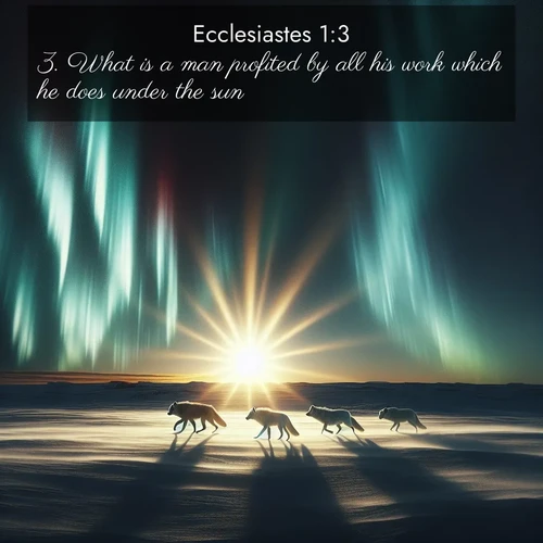 BasicEnglish Ecclesiastes  ; image nature: image with the bible verse :What is a man profited by all his work which he does under the sun? ; Explore our gallery of inspiring Bible verse images showcasing divine beauty through nature. Download scenic images like snowy peaks, lush meadows, or radiant sunsets paired with verses like KJV Ecclesiastes 1:3. Current verse is overlayed with the thematic nature scene : Arctic wolves traverse windswept tundra. Northern lights paint their fur in shifting colors. ; 1:3