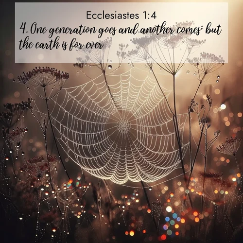BasicEnglish Ecclesiastes  ; image nature: image with the bible verse :One generation goes and another comes; but the earth is for ever. ; Browse our library of beautiful Bible verse images, perfect for wallpapers or sharing. Each verse is paired with serene natural landscapes like misty mountains, calming beaches, and colorful sunsets. Download and enjoy verses such as KJV Ecclesiastes 1:4. Current verse is overlayed with the thematic nature scene : Morning fog reveals spider galaxies. Dew drops capture rainbow light. ; 1:4