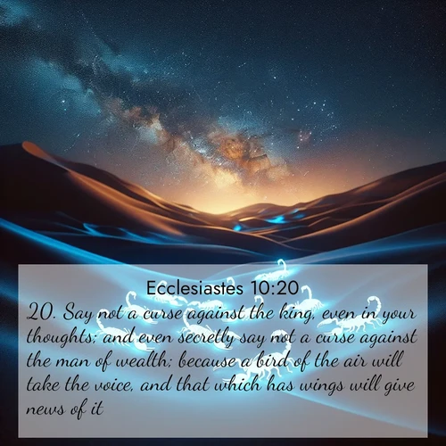 BasicEnglish Ecclesiastes  ; image nature: image with the bible verse :Say not a curse against the king, even in your thoughts; and even secretly say not a curse against the man of wealth; because a bird of the air will take the voice, and that which has wings will give news of it. ; Explore a stunning collection of Bible verse images featuring picturesque scenery like sun-drenched meadows, tranquil lakes, and majestic forests. All images are free to download and share. Verses include KJV Ecclesiastes 10:20. Current verse is overlayed with the thematic nature scene : Desert scorpions glow under black light. Stars wheel in infinite darkness. ; 10:20