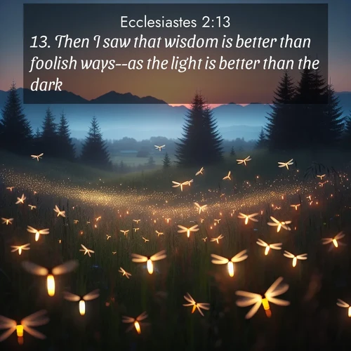 BBE Ecclesiastes 2:13 overlaying nature image scene: Lightning bugs rise from summer meadows at dusk. Their lights dance like earthbound stars.;13. Then I saw that wisdom is better than foolish ways--as the light is better than the dark.