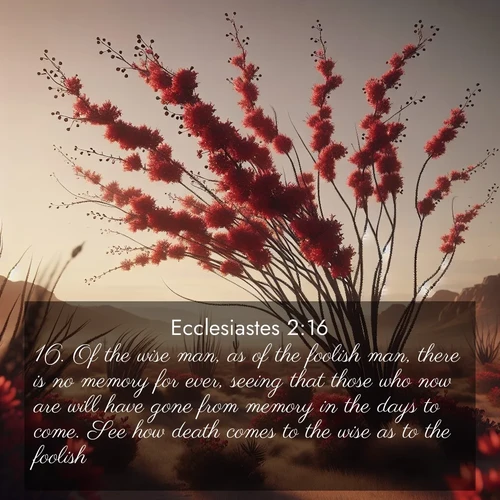 BasicEnglish Ecclesiastes  ; image nature: image with the bible verse :Of the wise man, as of the foolish man, there is no memory for ever, seeing that those who now are will have gone from memory in the days to come. See how death comes to the wise as to the foolish! ; Admire our gallery of Bible verse images paired with serene nature photography, featuring starlit skies, golden sands, and blooming wildflowers. Download and share verses like KJV Ecclesiastes 2:16. Current verse is overlayed with the thematic nature scene : Desert ocotillo flames crimson red. Wind sings through thorny branches. ; 2:16