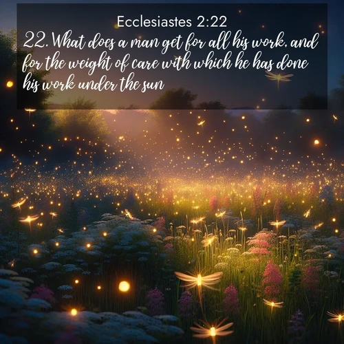 BasicEnglish Ecclesiastes  ; image nature: image with the bible verse :What does a man get for all his work, and for the weight of care with which he has done his work under the sun? ; Discover our curated gallery of Bible verse images with breathtaking scenery, from tranquil deserts to lush green pastures. Perfect for phone wallpapers or sharing online. Download verses like KJV Ecclesiastes 2:22. Current verse is overlayed with the thematic nature scene : Fireflies dance above a spring meadow filled with singing crickets. ; 2:22