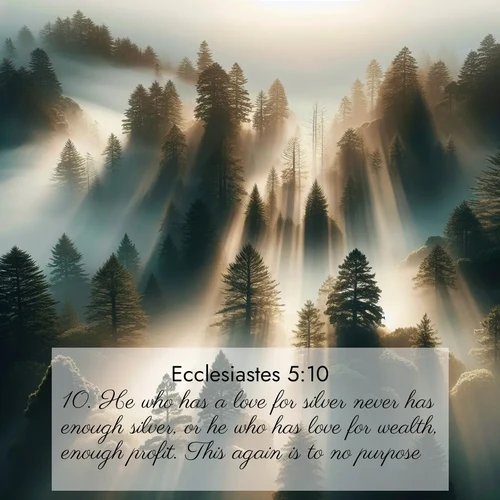 BasicEnglish Ecclesiastes  ; image nature: image with the bible verse :He who has a love for silver never has enough silver, or he who has love for wealth, enough profit. This again is to no purpose. ; Browse our selection of stunning Bible verse images featuring unique natural scenes like fiery autumn forests, serene meadows, and starlit skies. Download and share verses like KJV Ecclesiastes 5:10 for free. Current verse is overlayed with the thematic nature scene : Coastal redwoods disappear into fog. Filtered sunlight creates divine rays. ; 5:10