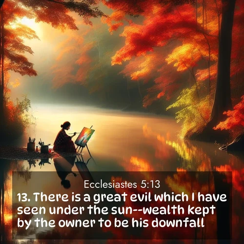 BasicEnglish Ecclesiastes  ; image nature: image with the bible verse :There is a great evil which I have seen under the sun--wealth kept by the owner to be his downfall. ; Explore Bible verse images beautifully illustrated with spring scenes, such as blooming meadows, trees in full bloom, and tranquil streams. These landscapes convey divine hope and vitality. Download and share verses like KJV Ecclesiastes 5:13. Current verse is overlayed with the thematic nature scene : An artist paints beside still waters. Autumn colors double in reflection. ; 5:13