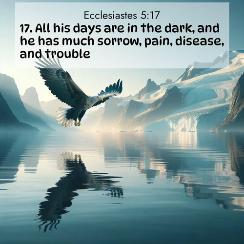BasicEnglish Ecclesiastes  ; image nature: image with the bible verse :All his days are in the dark, and he has much sorrow, pain, disease, and trouble. ; Discover Bible images capturing the essence of autumn, with wooded paths, golden fields, and swirling leaves. These scenes reflect the changing beauty of God&#039;s creation. Download verses like KJV Ecclesiastes 5:17. Current verse is overlayed with the thematic nature scene : A sea eagle soars above fjord waters. Glaciers loom blue in Arctic light. ; 5:17