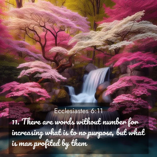 BasicEnglish Ecclesiastes  ; image nature: image with the bible verse :There are words without number for increasing what is to no purpose, but what is man profited by them? ; Download Bible verse images featuring vibrant photos of nature, from snowy landscapes to golden deserts. These free images are perfect for phone wallpapers, desktop backgrounds, or sharing. Verses include KJV Ecclesiastes 6:11. Current verse is overlayed with the thematic nature scene : A spring cascade plunges into a pool surrounded by flowering dogwood. ; 6:11