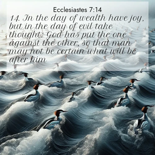 BasicEnglish Ecclesiastes  ; image nature: image with the bible verse :In the day of wealth have joy, but in the day of evil take thought: God has put the one against the other, so that man may not be certain what will be after him. ; Admire Bible images representing autumn, with swirling leaves, misty skies, and vibrant trees. These images inspire profound spiritual reflection. Download and share verses like KJV Ecclesiastes 7:14. Current verse is overlayed with the thematic nature scene : Wild mergansers ride river rapids. Their wakes create endless patterns. ; 7:14