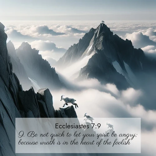 BasicEnglish Ecclesiastes  ; image nature: image with the bible verse :Be not quick to let your spirit be angry; because wrath is in the heart of the foolish. ; Admire Bible images representing autumn, with swirling leaves, misty skies, and vibrant trees. These images inspire profound spiritual reflection. Download and share verses like KJV Ecclesiastes 7:9. Current verse is overlayed with the thematic nature scene : Mountain goats navigate impossible peaks. Clouds swirl beneath their sure feet. ; 7:9