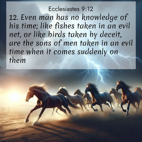 BasicEnglish Ecclesiastes  ; image nature: image with the bible verse :Even man has no knowledge of his time; like fishes taken in an evil net, or like birds taken by deceit, are the sons of men taken in an evil time when it comes suddenly on them. ; Browse an inspiring gallery of Bible verse images with nature photos, such as blooming gardens, golden deserts, and shaded forests. The chosen images capture the peaceful and joyful essence of God&#039;s creation, with vibrant colors and harmonious fonts. Share verses like KJV Ecclesiastes 9:12. Current verse is overlayed with the thematic nature scene : Wild horses race approaching storms. Lightning illuminates their power. ; 9:12