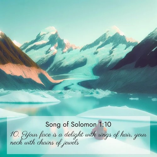 BasicEnglish Song of Solomon  ; image nature: image with the bible verse :Your face is a delight with rings of hair, your neck with chains of jewels. ; Dive into a gallery of Bible verses illustrated by tropical beach scenes, featuring sparkling waves, seashells, and radiant sunrises. These images evoke divine peace and joy. Download and share inspiring verses like KJV Song of Solomon 1:10. Current verse is overlayed with the thematic nature scene : An explorer rests beside glacier lakes. Turquoise waters mirror twin peaks. ; 1:10