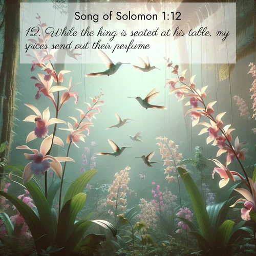 BBE Song of Solomon 1:12 overlaying nature image scene: Wild orchids bloom in rainforest canopy. Hummingbirds dance between delicate petals.;12. While the king is seated at his table, my spices send out their perfume.