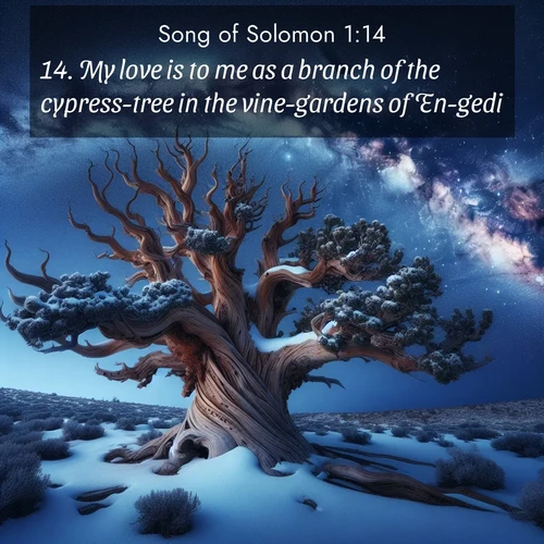 BasicEnglish Song of Solomon  ; image nature: image with the bible verse :My love is to me as a branch of the cypress-tree in the vine-gardens of En-gedi. ; Explore a collection of free Bible verse images paired with serene landscapes like golden beaches, verdant forests, and clear blue skies. Each image is ideal for desktop or phone wallpapers. Share verses like KJV Song of Solomon 1:14. Current verse is overlayed with the thematic nature scene : Ancient bristlecone pine twists against a navy twilight sky, its gnarled branches laden with fresh snow. The Milky Way arcs overhead in crystalline clarity. ; 1:14