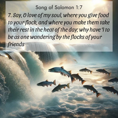 BBE Song of Solomon 1:7 overlaying nature image scene: Wild salmon leap ancient waterfalls. Mist rises like spirits in morning light.;7. Say, O love of my soul, where you give food to your flock, and where you make them take their rest in the heat of the day; why have I to be as one wandering by the flocks of your friends?