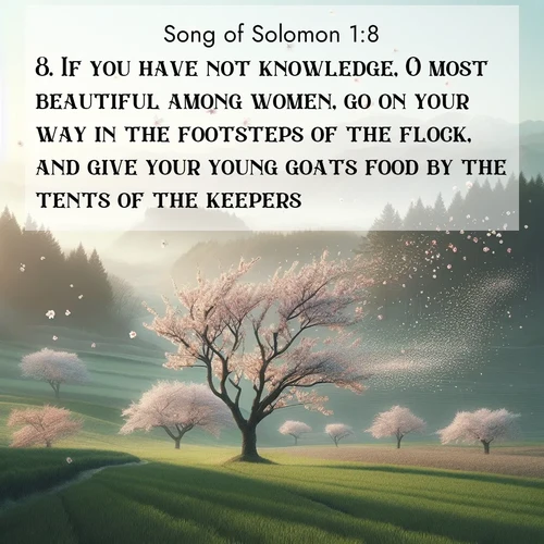 BBE Song of Solomon 1:8 overlaying nature image scene: Spring winds scatter cherry blossoms like snow.;8. If you have not knowledge, O most beautiful among women, go on your way in the footsteps of the flock, and give your young goats food by the tents of the keepers.