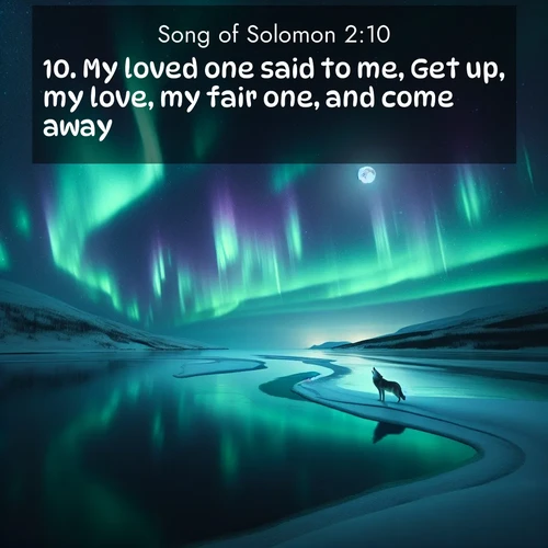 BasicEnglish Song of Solomon  ; image nature: image with the bible verse :My loved one said to me, Get up, my love, my fair one, and come away. ; Explore Bible verses paired with beach photos, where waves gently crash on the sand and the sky glows with pastel hues at sunset. These scenes convey deep serenity. Download verses like KJV Song of Solomon 2:10. Current verse is overlayed with the thematic nature scene : Northern lights dance across a frozen lake in ribbons of green and purple. A lone wolf howls from the distant shore. ; 2:10