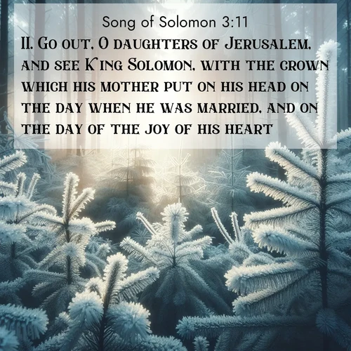 BasicEnglish Song of Solomon  ; image nature: image with the bible verse :Go out, O daughters of Jerusalem, and see King Solomon, with the crown which his mother put on his head on the day when he was married, and on the day of the joy of his heart. ; Explore winter-themed Bible verse images illustrated by snowy mountains, frost-covered branches, and clear skies. These landscapes reflect divine purity and peace. Download verses like KJV Song of Solomon 3:11. Current verse is overlayed with the thematic nature scene : Morning frost rimes every pine needle. Weak winter sun struggles to pierce the forest. ; 3:11