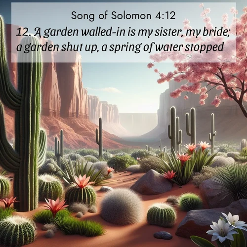 BasicEnglish Song of Solomon  ; image nature: image with the bible verse :A garden walled-in is my sister, my bride; a garden shut up, a spring of water stopped. ; Admire our autumnal collection of Bible verse images accompanied by photos of paths lined with red and yellow leaves, fiery forests, and calm rivers. These images inspire reflection and serenity. Share verses like KJV Song of Solomon 4:12. Current verse is overlayed with the thematic nature scene : Desert cacti burst with spring blooms against red sandstone formations. ; 4:12