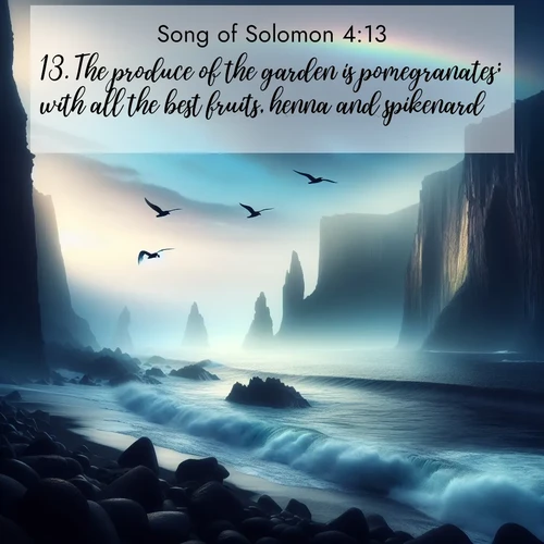 BasicEnglish Song of Solomon  ; image nature: image with the bible verse :The produce of the garden is pomegranates; with all the best fruits, henna and spikenard, ; Browse Bible images illustrated by desert landscapes, with endless skies, golden dunes, and isolated palm trees. These images evoke the calm and grandeur of God&#039;s creation. Download inspiring verses like KJV Song of Solomon 4:13. Current verse is overlayed with the thematic nature scene : Ocean waves crash against volcanic cliffs as seabirds wheel overhead, creating momentary rainbows. ; 4:13