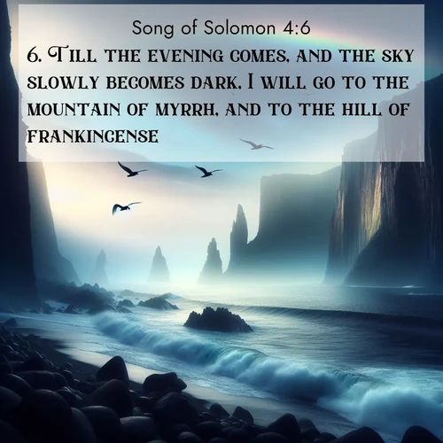 BasicEnglish Song of Solomon  ; image nature: image with the bible verse :Till the evening comes, and the sky slowly becomes dark, I will go to the mountain of myrrh, and to the hill of frankincense. ; Discover Bible images capturing the splendor of deserts, with golden dunes, vast skies, and peaceful oases. These landscapes highlight the grandeur and serenity of God&#039;s creation. Share verses like KJV Song of Solomon 4:6. Current verse is overlayed with the thematic nature scene : Ocean waves crash against volcanic cliffs as seabirds wheel overhead, creating momentary rainbows. ; 4:6