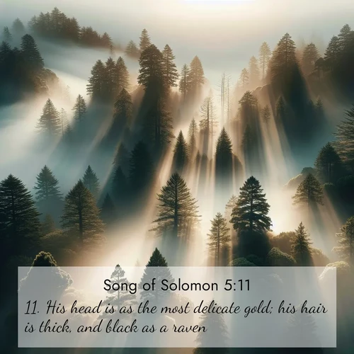 BasicEnglish Song of Solomon  ; image nature: image with the bible verse :His head is as the most delicate gold; his hair is thick, and black as a raven. ; Explore our vast collection of images featuring beautifully illustrated Bible verses accompanied by nature photos. Discover inspiring and motivating verses paired with soothing landscapes, like shimmering lakes, majestic mountains, and lush forests. Our images highlight the peaceful beauty of God&#039;s creation with vibrant colors and varied fonts. Download and share verse images like KJV Song of Solomon 5:11. Current verse is overlayed with the thematic nature scene : Coastal redwoods disappear into fog. Filtered sunlight creates divine rays. ; 5:11