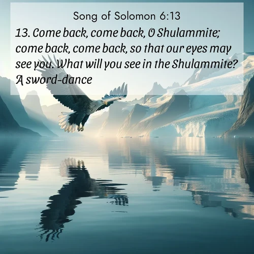 BasicEnglish Song of Solomon  ; image nature: image with the bible verse :Come back, come back, O Shulammite; come back, come back, so that our eyes may see you. What will you see in the Shulammite? A sword-dance. ; Discover Bible images adorned with spring landscapes, like tulip fields, cherry blossoms, and green hills. These bright scenes symbolize God&#039;s renewal and grace. Download verses like KJV Song of Solomon 6:13. Current verse is overlayed with the thematic nature scene : A sea eagle soars above fjord waters. Glaciers loom blue in Arctic light. ; 6:13